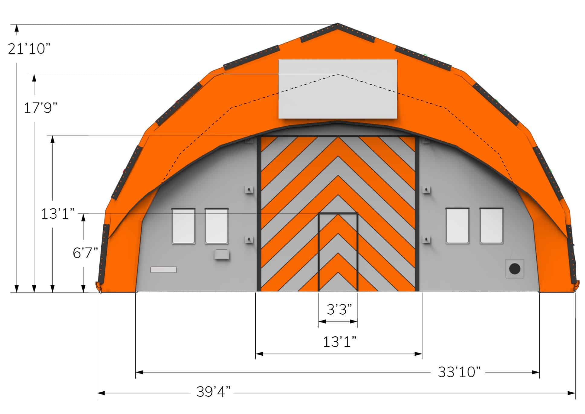 End on view of CA-12 Fast tent with dimensions in feet
