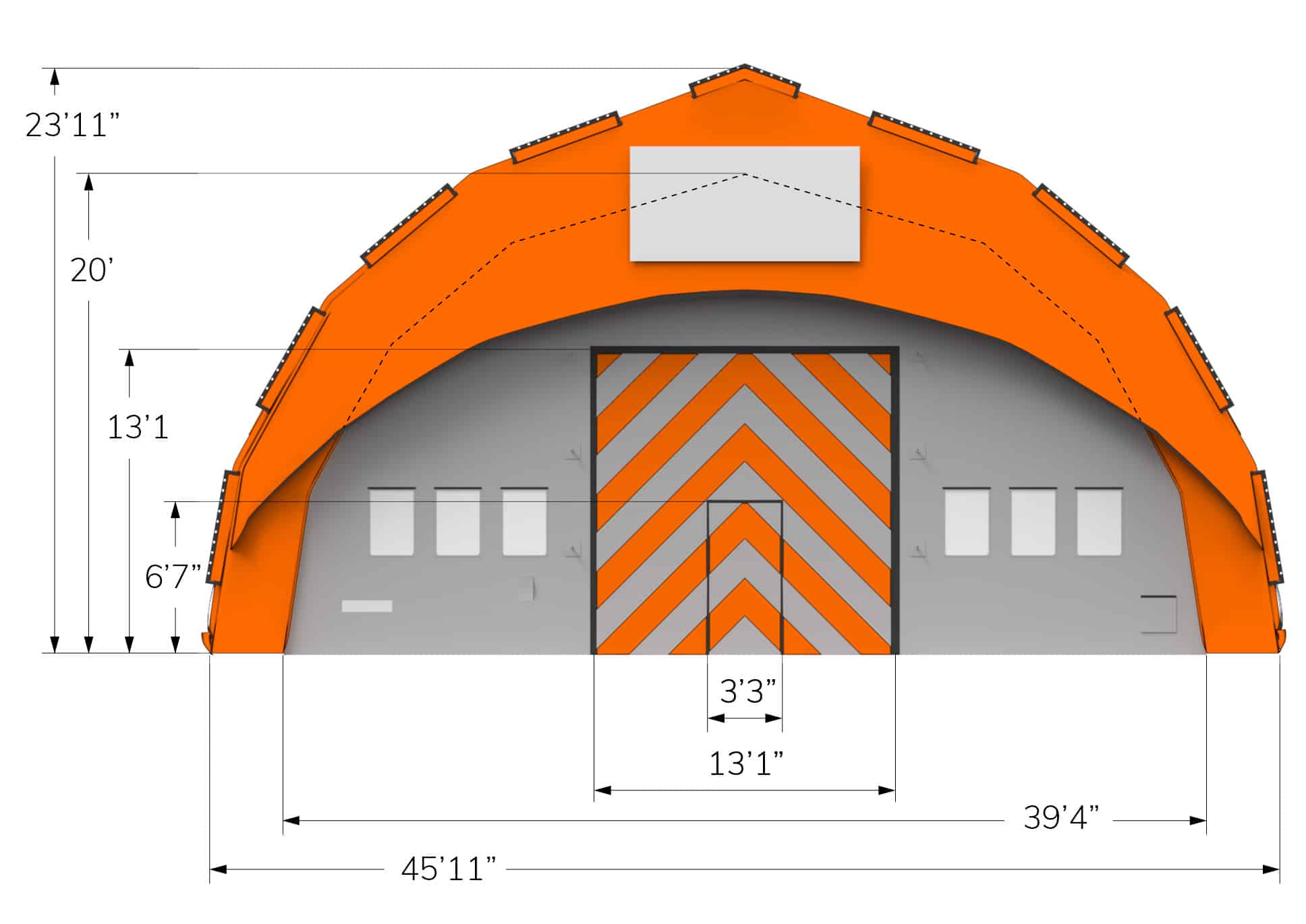 End view of CA-14 Fast Tent showing dimensions in feet