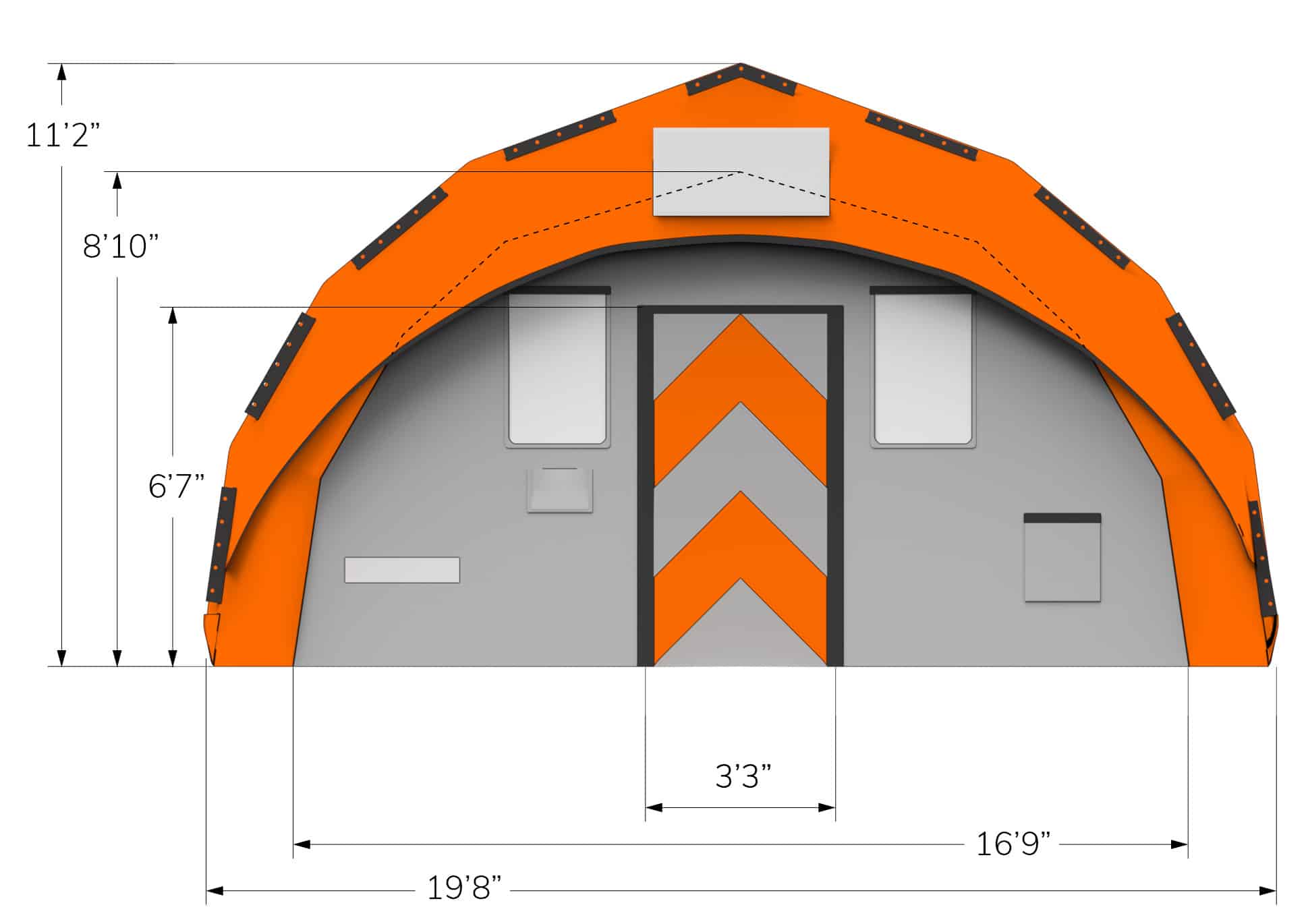 End view of orange CA-6 Fast Tent with dimensions in feet