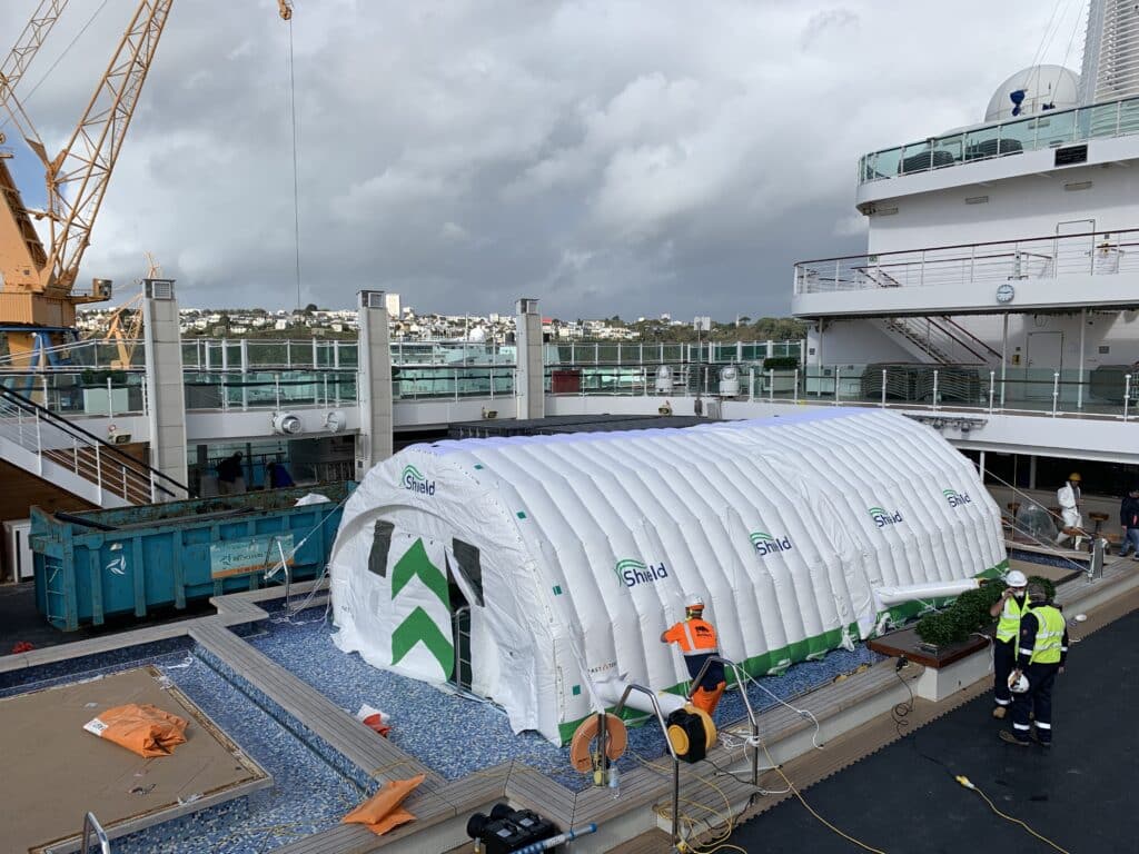Njordair Constant Air tent enclosing a swimming pool on a cruise ship deck at the Saint-Nazaire shipyard
