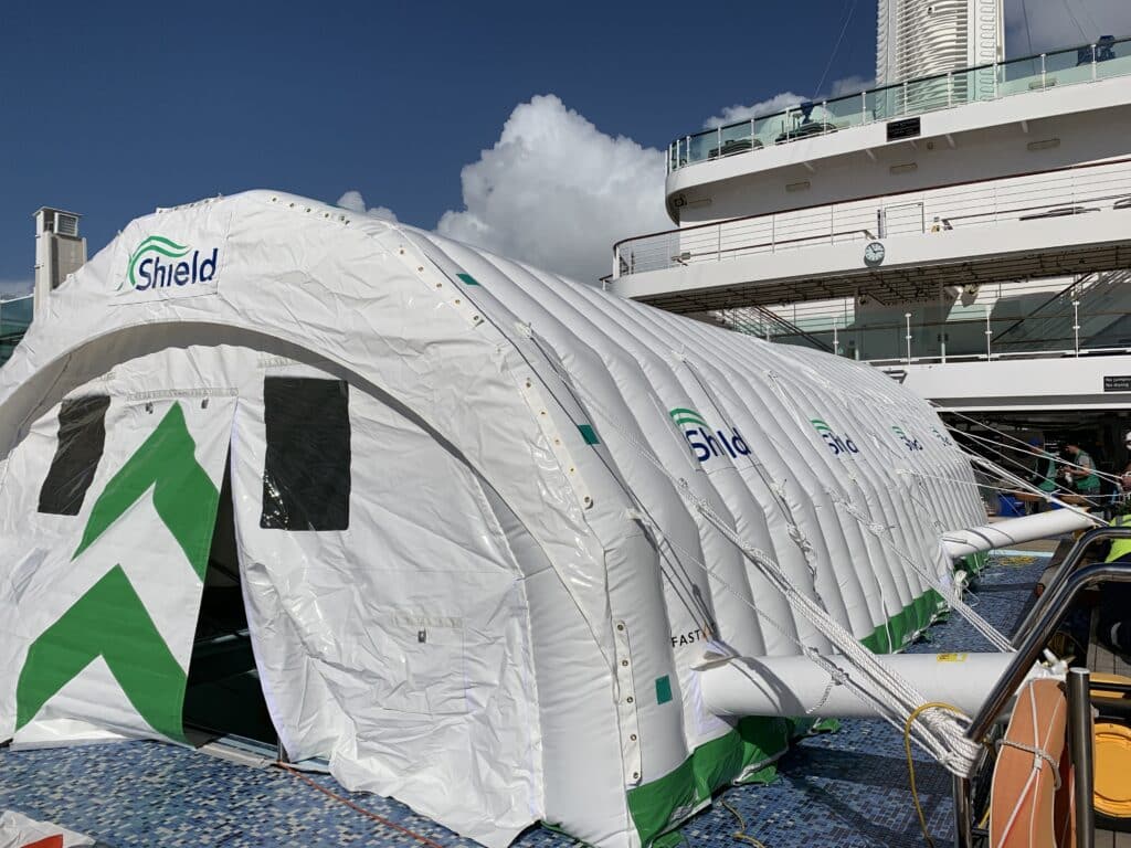 Custom colour-matched Njordair inflatable tent on the cruise ship sun deck