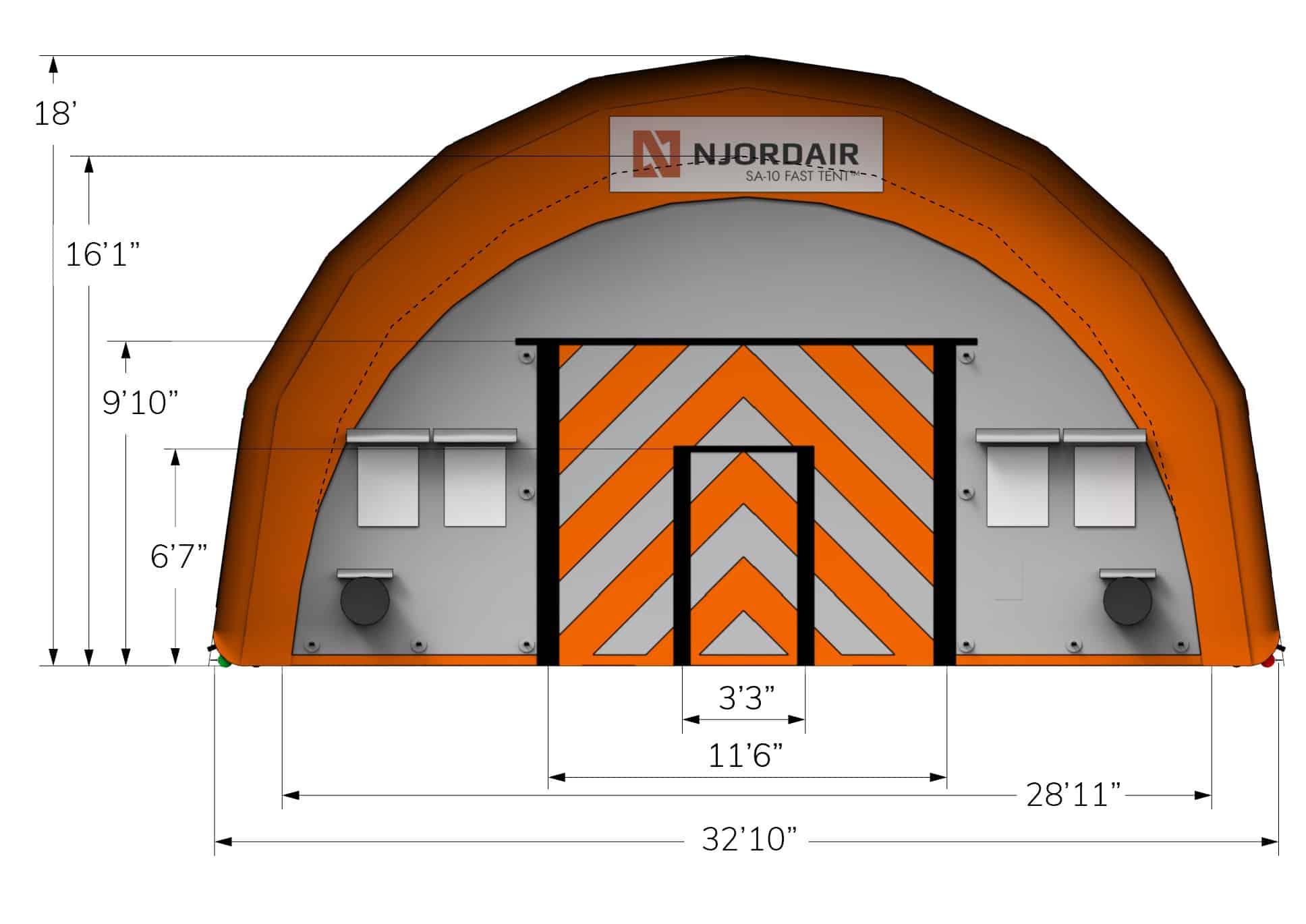 Front view of SA-10 Fast Tent with dimensions in feet