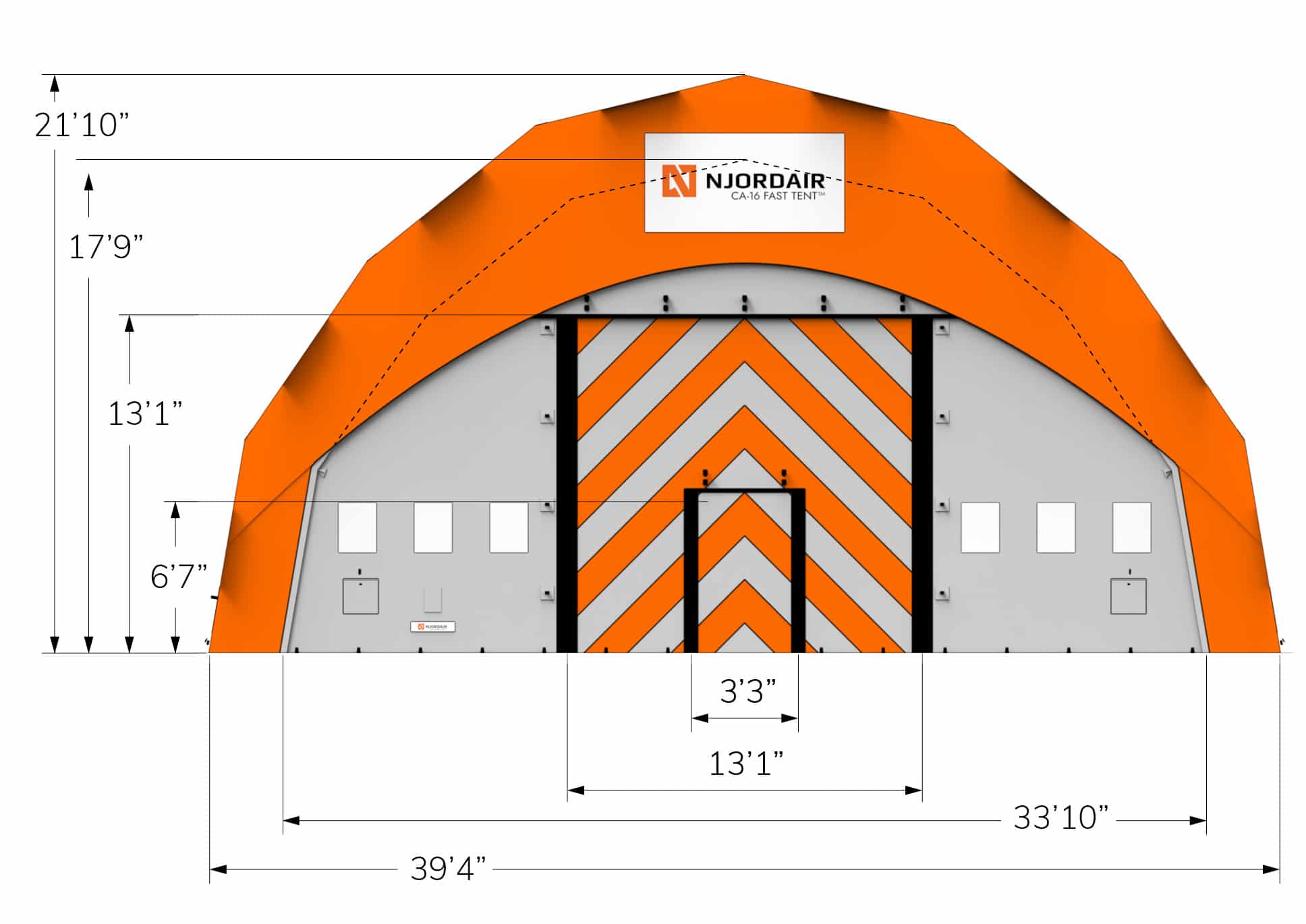 Front view of CA-16 Fast Tent with dimensions in feet