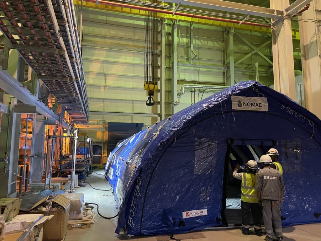 Custom blue Njordair SA-6 tent installed in the turbine hall of a Middle East power station