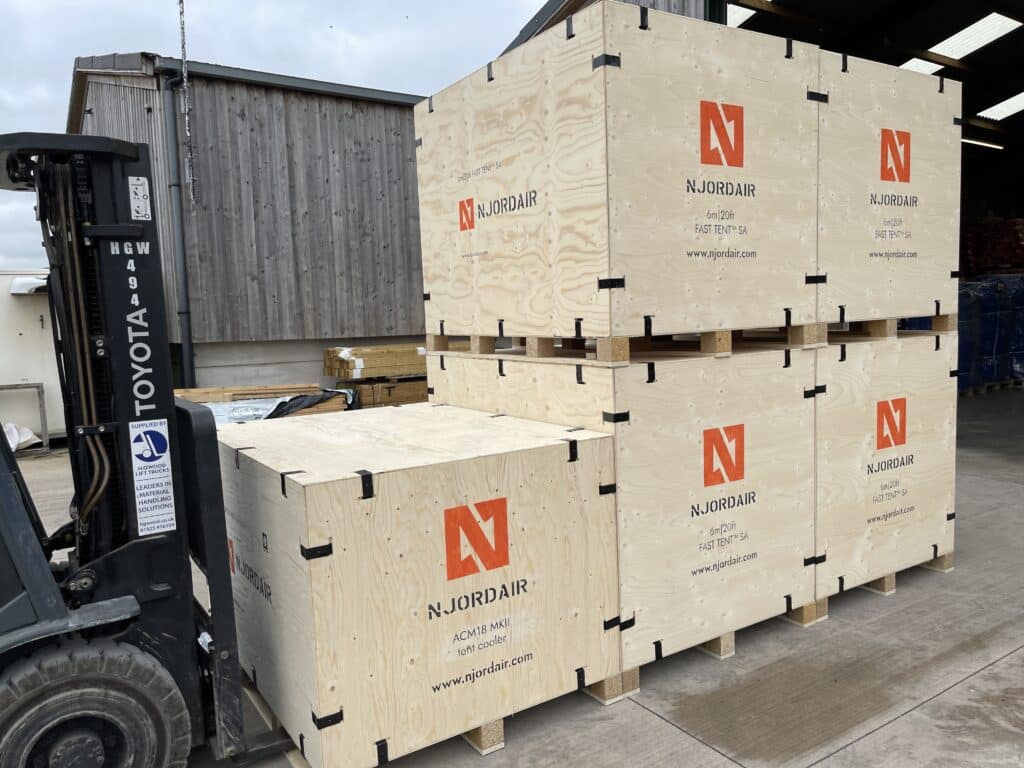 Njordair systems packed in branded transport crates ready for shipment