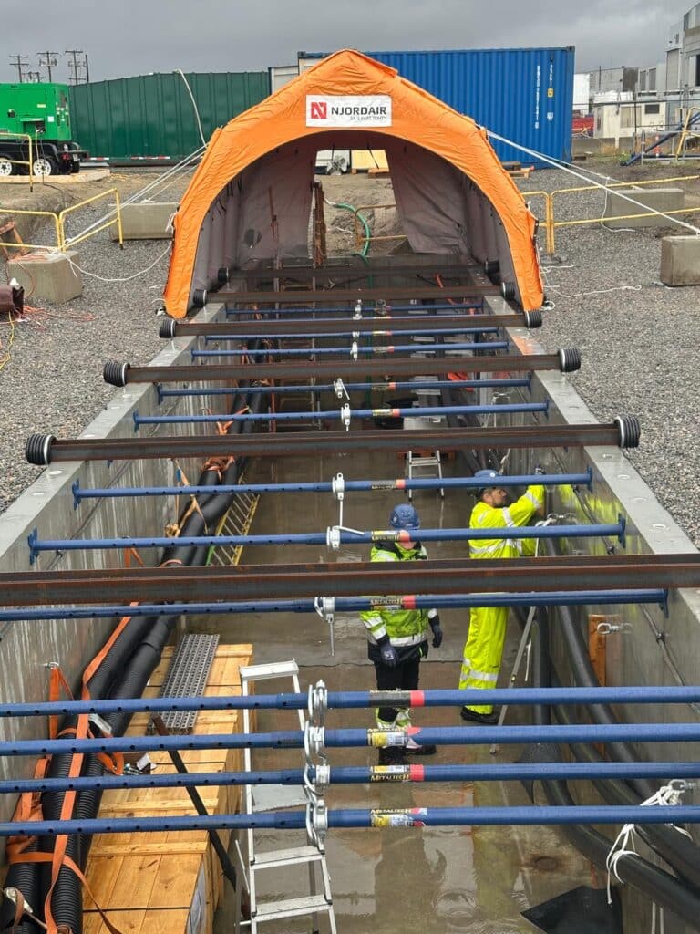 Njordair enclosure over the cable trench with export cables ready for jointing